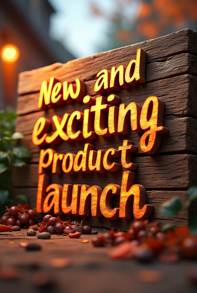 A large eye-catching advertisement featuring a wooden sign  facing the camera with the exact words "New and exciting product launch" prominently displayed in a  burnt darker colour than the wood. The words are cut out in 3D, bold, and cursive typography, the sign should be exciting as it is a new product launch
