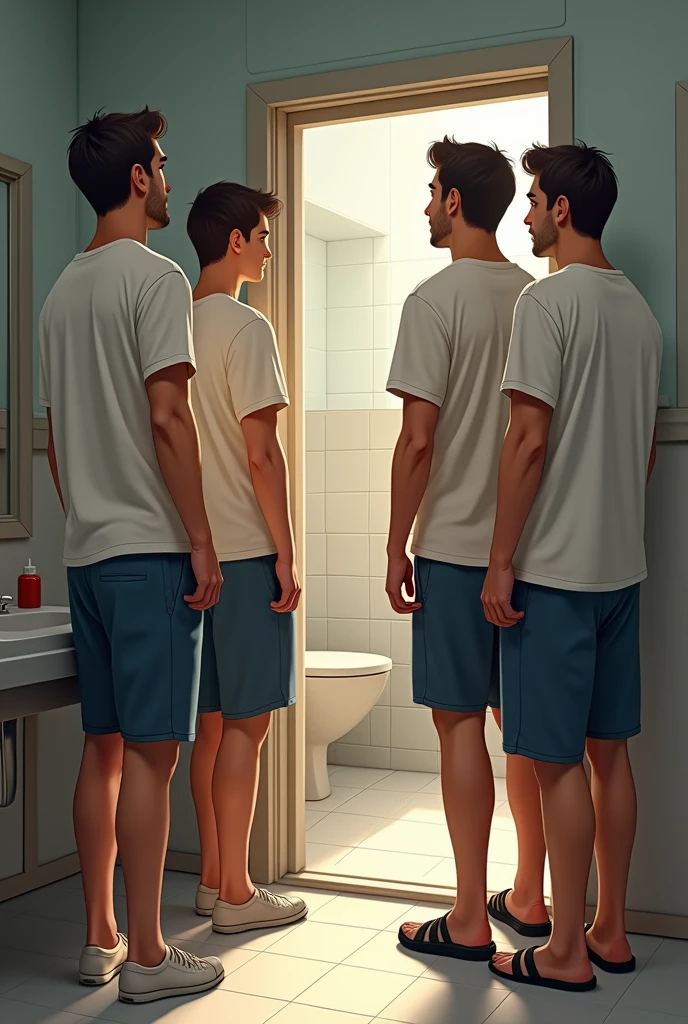 Three guys (male) who just waiting for bath infront of the bathroom in dormitory. And theres one person (male) just get out from the bathroom, all the person inside this images using short pants and t-shirt