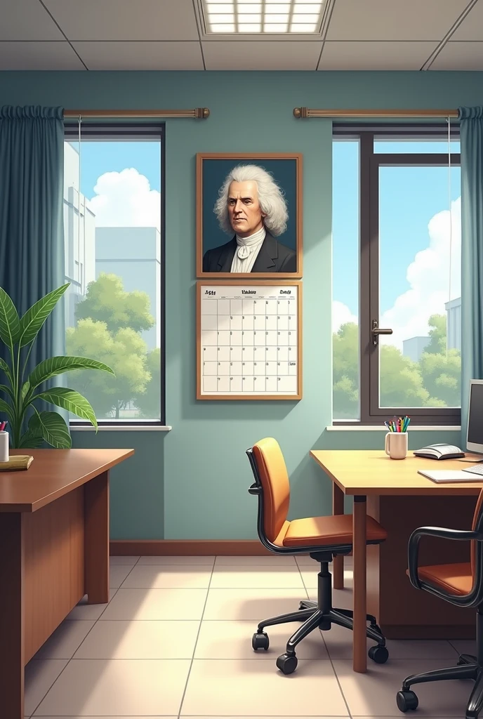I want a wall which resemble principal office of school . The wall must contain a window with modern curtains and also the wall has a calender and photo of Newton and i clearly mention not to have any table or chair a inhanced photo of a full room without tables