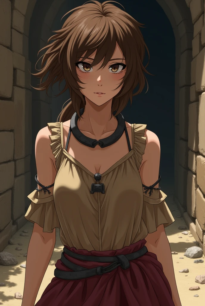 Young slave, Brown hair, brown eyes, woman, Iron ring around neck, Antiquity, Anime Style