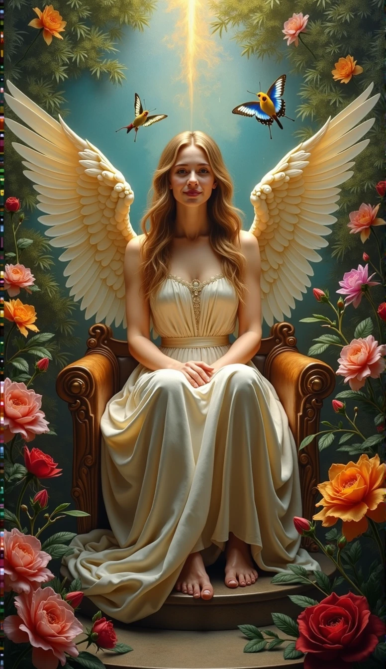 Create random replicas of the classic historical masterpieces of Leonardo da Vinci in 'The Last Supper' superhit painting style, Ultra-High Definition, 64k resolution oil painting without a frame, using full dimensions of the selected resolution to fit the artwork image, medieval era innocent looks, finely detailed to perfection, art-punk, Arabic style, countryside background, art germ, high-octane. A portrait of a Rainbow of Butterflies and Daffodils with a beautiful virgin goddess nymph winged angel in the Garden of Heaven in the Paradise, goddess nymph winged angel is a Blessed Cosmic Virgin Heavenly Bride of Holy Christ and is an exact replica of the sketch of a supermodel Mona Lisa, happy smiling face, Sitting on a Queen's luxurious Heavenly Cushioned Chair of Paradise, Vatican looks and style, a precise copy of the conceptual legendary colorful Garden of Heavenly Paradise with rainbow hummingbirds and butterflies flying around, red roses and daffodils in the Heavenly Garden of Paradise with colorful random fruits on trees, a sketch of hummingbirds, butterflies, roses and daffodils is created with attention to the minutest detail, an unreal engine, ultimate beauty pro max, a quantum leap in artwork, magnificent miracle, unmatched quality, unmatched style, uniqueness to perfection, relaxed, bingo, illuminated, radiated with light, magnetic, extraordinary, a master stroke of a legendary brush, the artwork of a genius, a perfect sense of proportion and judgment, a tribute to a legendary master artist, super realistic, superhit, random dynamic poses, random smiling styles, random makeups, and random styles, vibrant 256k colors, ultimate art, extraordinary level portrait painting, master craftsmanship of sketching beautiful human female hands with strictly 4 symmetrical natural fingers on each hand in extremely minutest detail of care applied, GEFORCE RTX GPU magic, artwork for British Isles and French market customers, Professional commercial painting