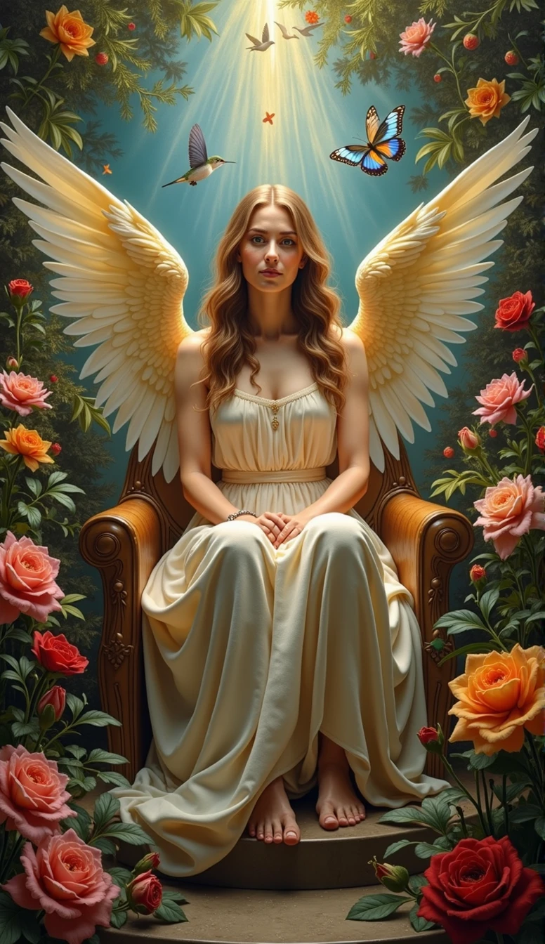 Create random replicas of the classic historical masterpieces of Leonardo da Vinci in 'The Last Supper' superhit painting style, Ultra-High Definition, 64k resolution oil painting without a frame, using full dimensions of the selected resolution to fit the artwork image, medieval era innocent looks, finely detailed to perfection, art-punk, Arabic style, countryside background, art germ, high-octane. A portrait of a Rainbow of Butterflies and Daffodils with a beautiful virgin goddess nymph winged angel in the Garden of Heaven in the Paradise, goddess nymph winged angel is a Blessed Cosmic Virgin Heavenly Bride of Holy Christ and is an exact replica of the sketch of a supermodel Mona Lisa, happy smiling face, Sitting on a Queen's luxurious Heavenly Cushioned Chair of Paradise, Vatican looks and style, a precise copy of the conceptual legendary colorful Garden of Heavenly Paradise with rainbow hummingbirds and butterflies flying around, red roses and daffodils in the Heavenly Garden of Paradise with colorful random fruits on trees, a sketch of hummingbirds, butterflies, roses and daffodils is created with attention to the minutest detail, an unreal engine, ultimate beauty pro max, a quantum leap in artwork, magnificent miracle, unmatched quality, unmatched style, uniqueness to perfection, relaxed, bingo, illuminated, radiated with light, magnetic, extraordinary, a master stroke of a legendary brush, the artwork of a genius, a perfect sense of proportion and judgment, a tribute to a legendary master artist, super realistic, superhit, random dynamic poses, random smiling styles, random makeups, and random styles, vibrant 256k colors, ultimate art, extraordinary level portrait painting, master craftsmanship of sketching beautiful human female hands with strictly 4 symmetrical natural fingers on each hand in extremely minutest detail of care applied, GEFORCE RTX GPU magic, artwork for British Isles and French market customers, Professional commercial painting