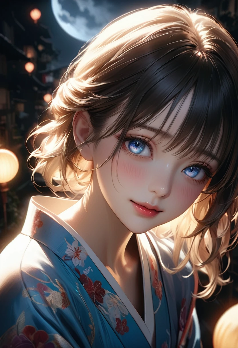 a beautiful girl in a vibrant kimono confessing her love under the light of a large full moon, her face flushed with nervousness and shyness, gazing up with large, captivating eyes, dramatic shadows and backlighting, (best quality,4K,8k,highres,masterpiece:1.2),ultra-detailed,(realistic,photorealistic,photo-realistic:1.37),dramatic lighting,stunning detailed eyes,extremely detailed face,flawless skin,long eyelashes,detailed lips,soft lighting,cinematic,romantic,emotional,radiant colors,glowing moon,dark night,reverse backlighting,underexposed,unreadable expression,moonlit aesthetic,dramatic shadows,looking directly at viewer,I've always loved you❤️,(shot from above:1.37), ずっとあなたのことが好きでした❤️, blush, A meaningful smile, Draw the moon high up, 