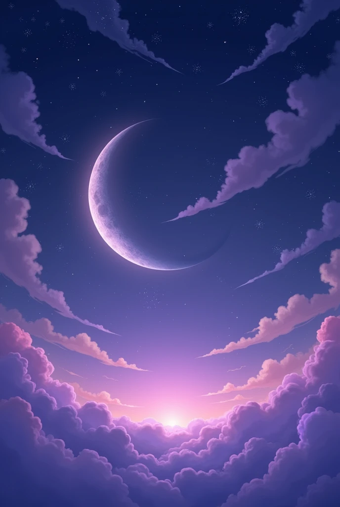 A sky with lilac clouds and a large waning moon with many stars 
