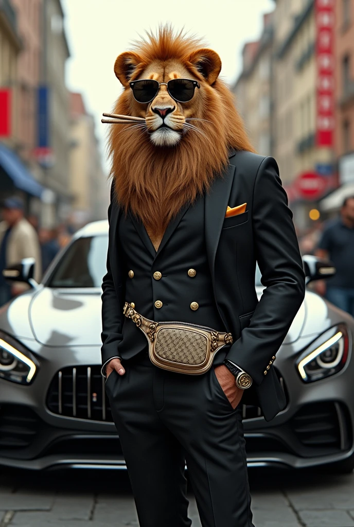 Human-like lion with designer clothes and a Gucci fanny pack and a joint in his hand . He stands in front of a Mercedes AMG in Frankfurt 
