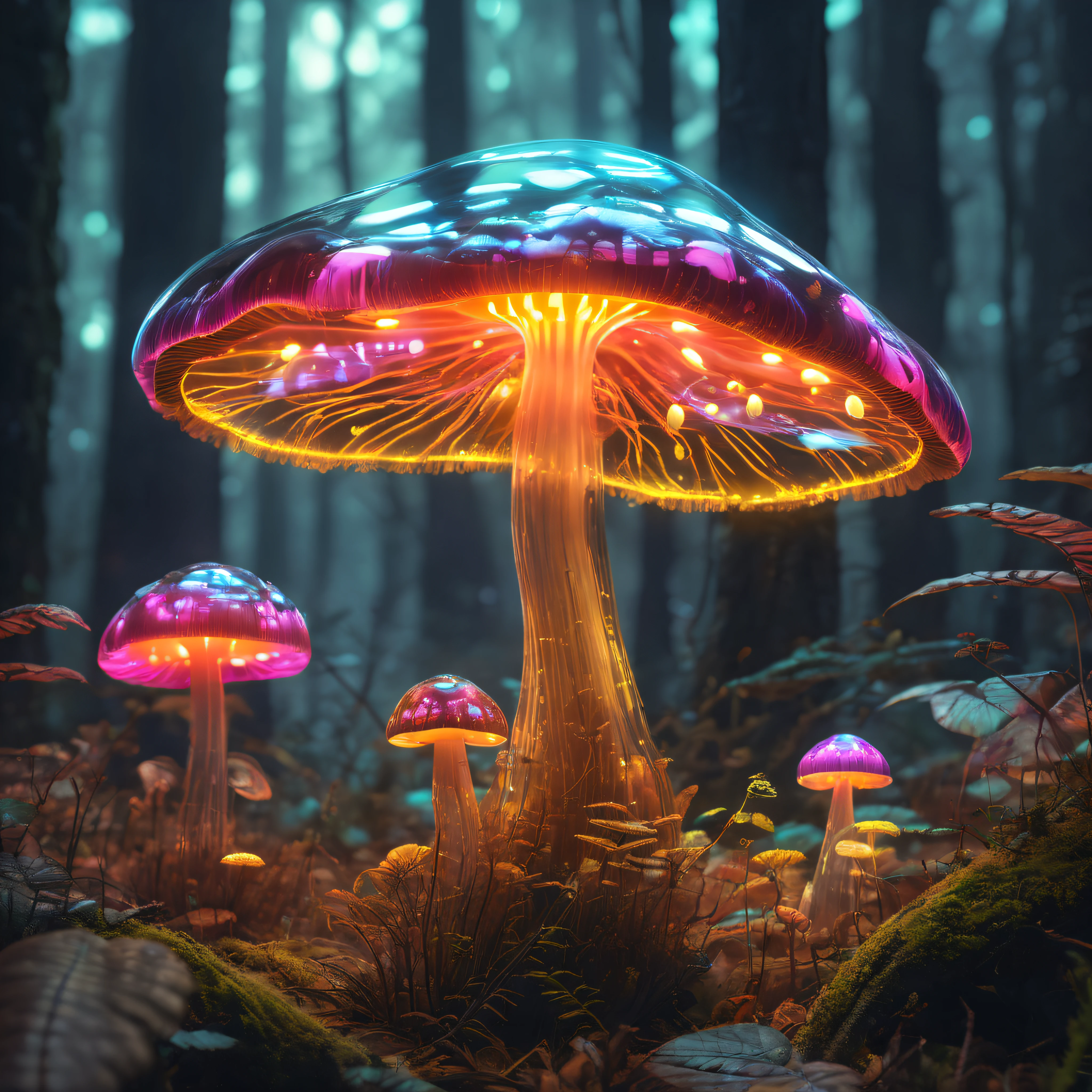 1 transparent shiny mushroom, Colorful transparent luminous plastic，cyberpunk character，industrial drawing，menage，bright neon lights，forest background，ultra-realistic realism，hiper HD，high détail，best qualityer，8k