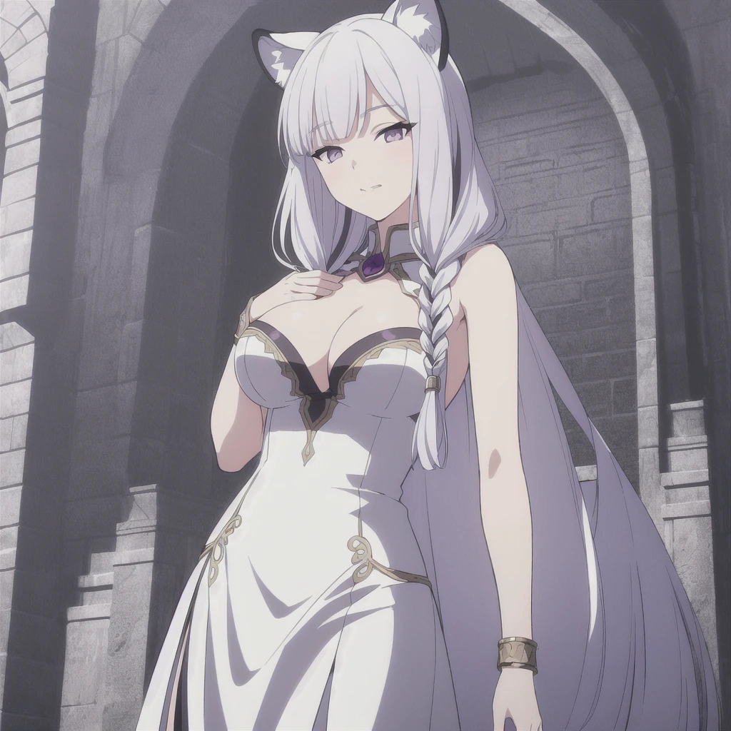 ((masterpiece)), (best quality), (ultra-detailed), photorealistic, (best illustration), ((an extremely delicate and beautiful)), 1girl, solo, long hair, white tiger ears, [:tiger tail under:0.2], white hair, two-tone hair, lying on royal couch, bored, white dress, (lilac dress:1), multicolored dress, cross-laced, purple eyes, lazy gaze, Fur on the collar of the dress, detailed scenery, dark space scenery, goddess, low twin braids, twin braids, hair ornament, bracelet, (looking at viewer:0.9),  woman, sassy look, sassy grin, Large breastng grapes, glowing eyes. 