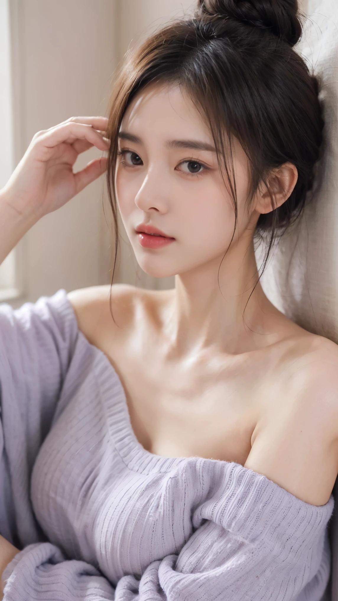 masterpiece, best quality, A young woman with dark hair tied up in a bun, secured with a light purple hair clip, plumpy, natural medium big breast, is shown in a serene indoor setting. She is wearing an oversized blue and white striped sweater that falls off one shoulder, revealing a lilac top underneath. Her eyes are closed, and her expression is peaceful as she raises one hand in front of her face, gently shielding her eyes from the light. The background features a detailed, tapestry-like wall hanging with intricate patterns, adding a warm and cozy atmosphere to the scene