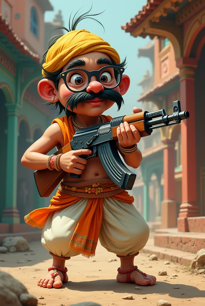 Indian cartoon Character Gopal Bhar with ak47 rifle