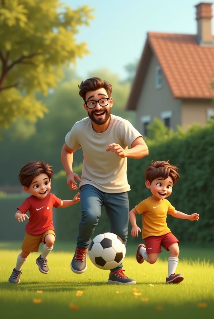 30 year old dad with glasses playing football with his twin sons