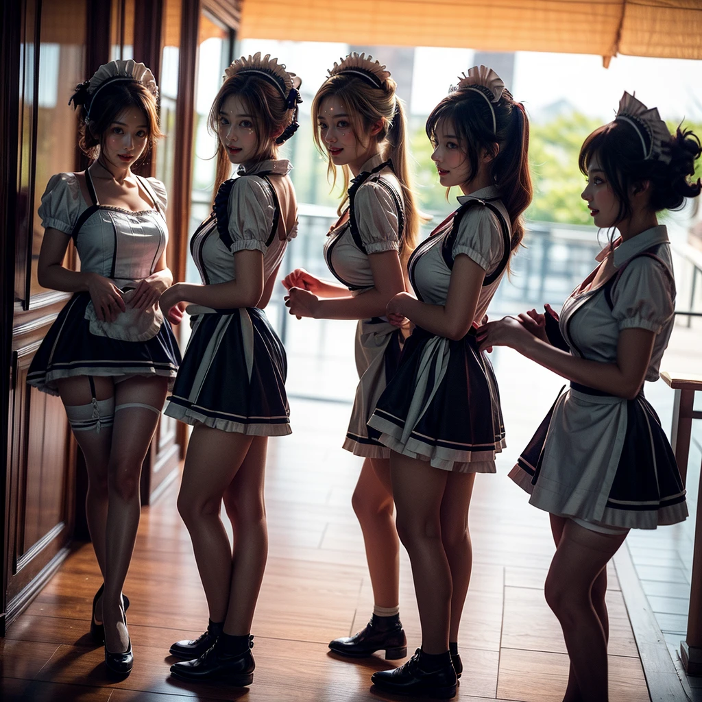 (Full Body of Extremely Detailed((Sexy Maid Group in a row:1.37))), KAWAII perfect face, Reflective Eyes, Detailed(Delicate Clothing textures), Correct Leg Line, Dynamic Joyful Expressions LifeLike Rendering, Specular Reflection, TopQuality 8K Ultra-detailed masterpiece (ProfessionalPhoto:1.37), (Acutance:0.8), (Luminism:1.28), (Renaissance art style), Colorful Light particles, ((Full body from side)), {MicroMini Skirt|Kissing|Breast Lifting|Undressing|Thigh Gap|AssFocus|(NakedApron with Overflowing SideBoob)}, Radiant Fine Skin with Transparency, (Exposed:0.4), (Different types of Anime hair color){Pink Hair|Blue Hair|Platinum Blonde|Pure White Hair|Liquid Hair}, Perfect Lighting 