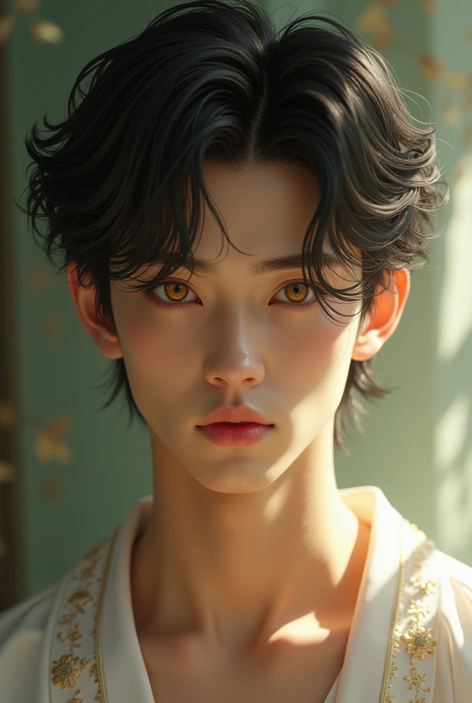 black hair, white shirt, heise jinyao, handsome man, realistic image of keqing from genshin impact, realistic image of handsome guy in demon slayer art, relaistic image of zhongli from genshin impact, delicate androgynous prince, inspired by Bian Shoumin, taisho roman, realistic beautiful androgynous prince, tan skin, exposed collarbone, bare chest, Realistic, hyper realistic, yellowish eyes, short hair, short wavy hair, no ornaments, no neck ornaments, no necklace
