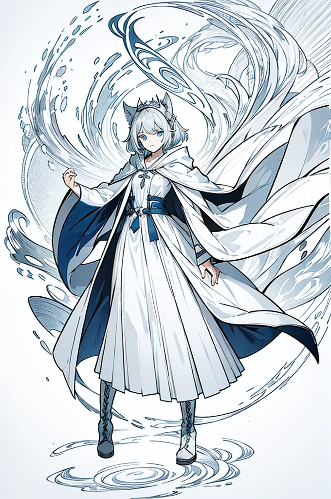 Gray and white shoulder-length short hair,Girl,Blue Eyes,Elf ears,No headdress,No cat ears,Wear a magician's robe,cloak,hood,Long skirt,Boots,full-body shot,front Photo,No background
