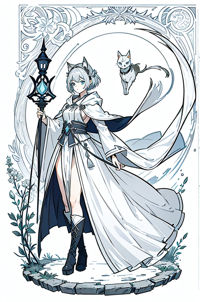 Gray and white shoulder-length short hair,Girl,Blue Eyes,Elf ears,No headdress,No cat ears,Wear a magician's robe,cloak,hood,Long skirt,Boots,full-body shot,front Photo,No background