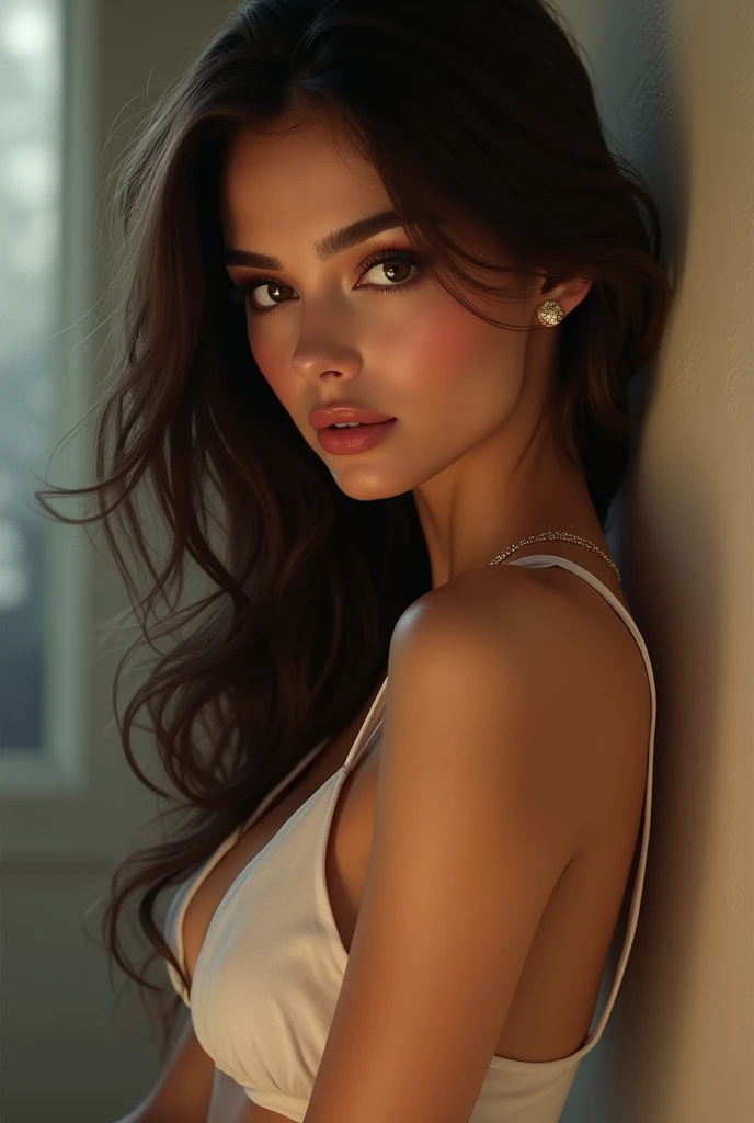 (UHD, retina, masterpiece, accurate, anatomically correct, textured skin, super detail, high details, high quality, best quality, high res, 1080P, HD, 4K, 8k, 16k), (beautiful detailed eyes, beautiful detailed lips, extremely detailed eyes and face), studio lighting, physically-based rendering, vivid colors, (large sexy breasts, glamorous body), (see through dress), (portrait, side cut, shiny hair, shiny skin, blush), (bokeh), eye reflection,, dark atmosphere, highly detailed skin texture, extreme details, perfect breast, dark tanned skin, freckles,, ultra detailed skin texture, soft lights,pale skin,
