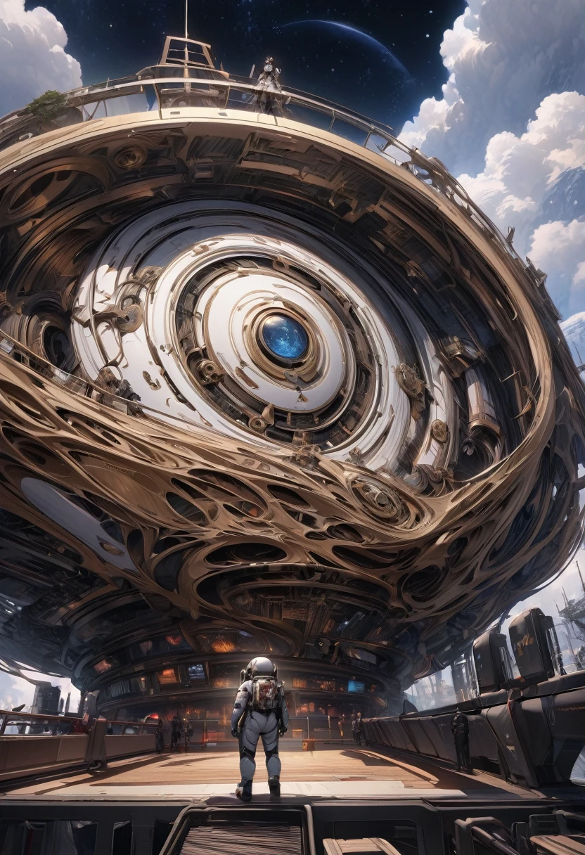 (Highest quality, 4K, Super detailed, High resolution, masterpiece: 1.2),Characters seen from afar: There are characters that can be seen from afar, Located on a high observation deck. Small compared to the surrounding area, Emphasize the size of the ship. The character is wearing a space suit, With flashing lights and mechanical details.
Space View: From the opening of the ship, A vast starry sky can be seen. The stars are unevenly distributed, Create a variety of densities、Suggests the distance of some celestial objects.