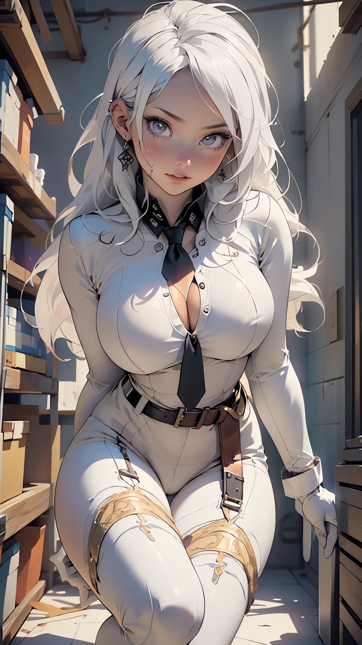 1girl,
(huge breasts:1.4),((((white hair, straight hair, very long hair, very long white hair)))),(((white_eyes:1.3))),intricate eyes,beautiful detailed eyes,symmetrical eyes,((((lustrous skin:1.5,tanned skin,bright skin: 1.5,skin tanned,shiny skin,very shiny skin,shiny body,Reflective skin)))),(bimbo,spider lower abdomen,narrow waist,wide hip,athletic body,inflated legs,thick thighs,(detailed face)),beautiful detailed lips,
cute,slutty,sensual,seductive look,seductive,((erotic)),opulent,sumptuous,((nsfw)),
(belt), ((white bodysuit,, white gloves)), (white cloak, sheathed, necktie)),
(flirtatious pose:1.3), looking at viewer,serious, cruel,centered,scale to fit dimensions,Rule of thirds,
indoor((Nazi bunker,room, dark bunker, swastika,depths of a steampunk bunker)),scenery:1.25,((intricate scenery)),
(Glossy steampunk ornaments),highres,sharp focus,(ultra detailed,extremely detailed),(photorealistic artwork:1.37),(extremely detailed CG unity 8k wallpaper),(((vibrant colors,vibrant theme))),(intricate),(masterpiece),(best quality),artistic photography,(photography taken by sldr),(intricate background),perfect rendered face,perfect face details,realistic face,photo realistic,((intricate detail)),(((realism))),
