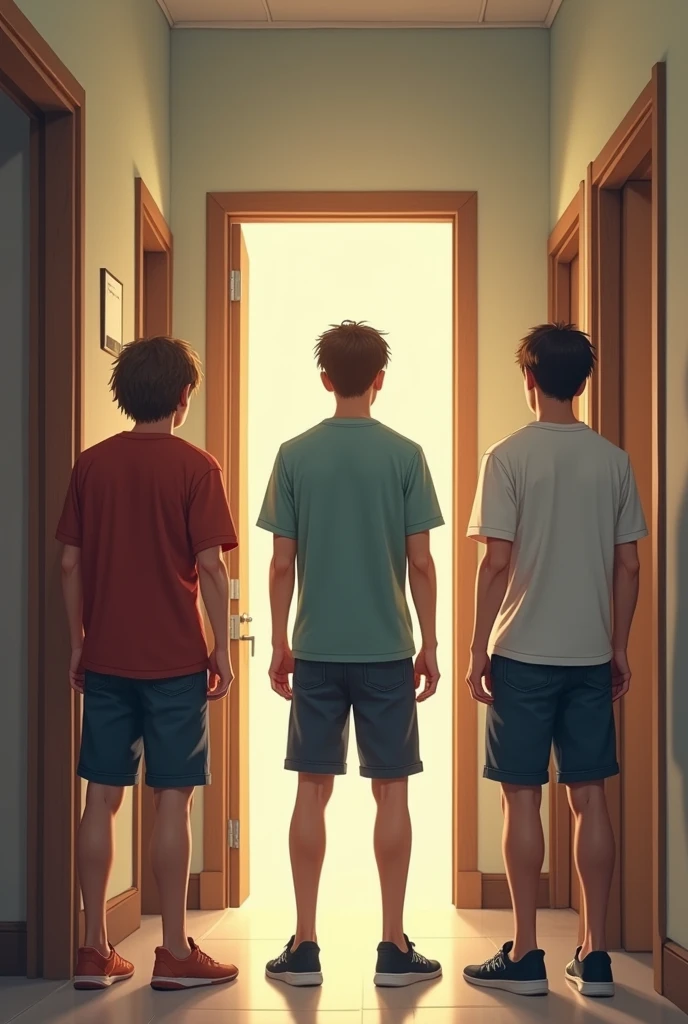 Three guys (male) who just waiting for bath infront of the bathroom in dormitory. And theres one person (male) walk out from the bathroom, all the person inside this images using short pants and t-shirt