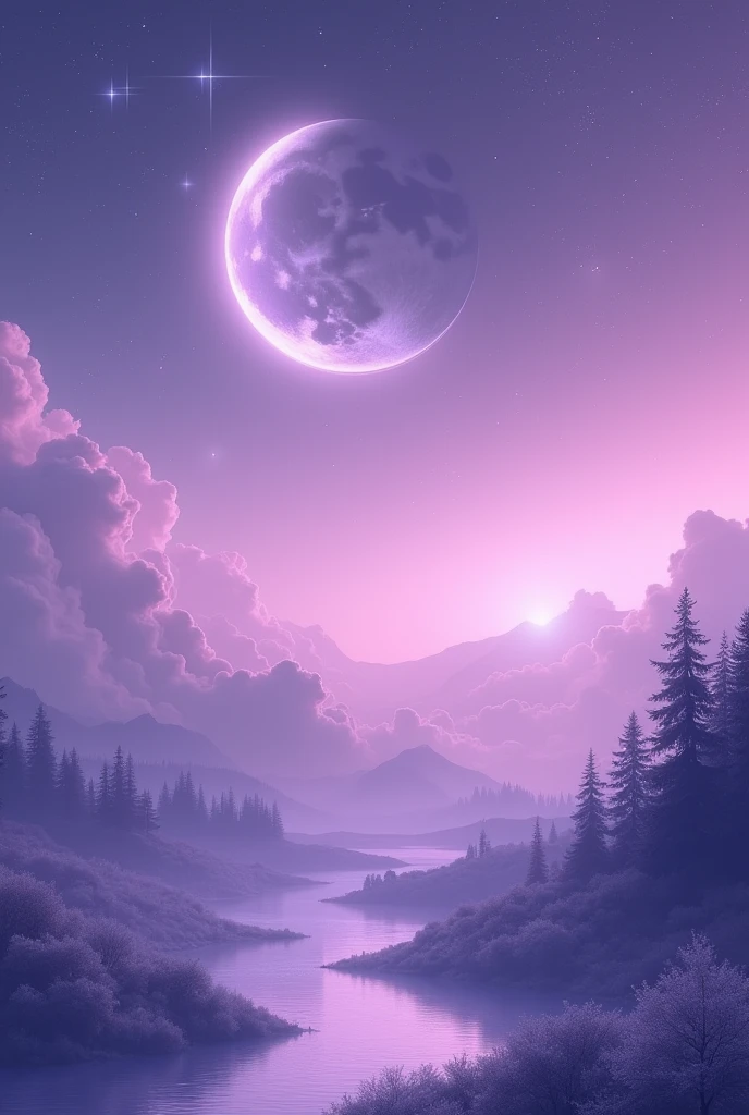 A lilac sky and a large waning moon with many stars