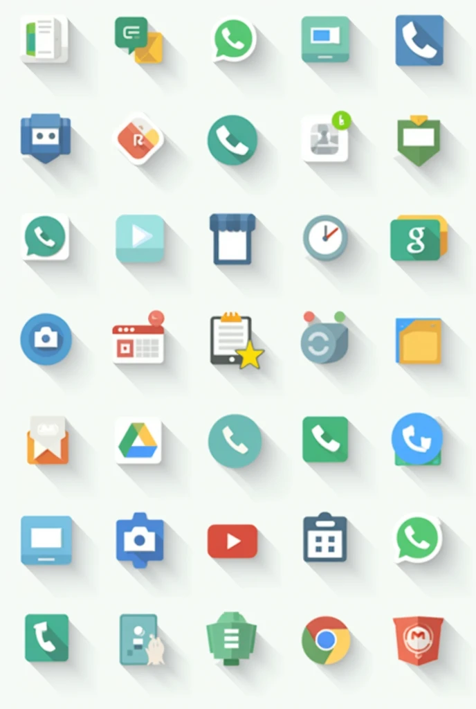 Create an image showcasing several essential system apps found on an Android device. Arrange icons for apps such as Settings, Phone/Dialer, Messages, Contacts, Camera, Gallery/Photos, Clock, Calculator, Calendar, Files/Files by Google, Google Play Store, Google Play Services, Google Chrome, Gmail, Maps, YouTube, Voice Recorder, System UI, SIM Toolkit, and System Updates. Each app icon should be visually distinct, with clear and recognizable symbols. Use a clean and organized layout, placing the icons on a light or neutral background to make them stand out. Ensure that the icons are colorful and vibrant, reflecting their real-world designs, but make sure they maintain a cohesive style that ties them together visually.