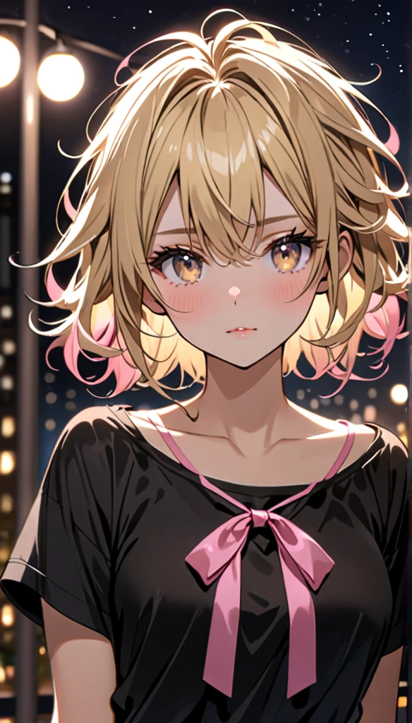Beautiful and blond, messy styled hair, pink ribbon, black shirt, night, looking fancy