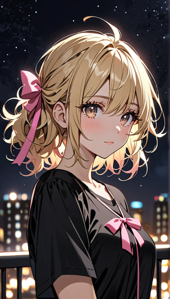 Beautiful and blond, messy styled hair, pink ribbon, black shirt, night, looking fancy