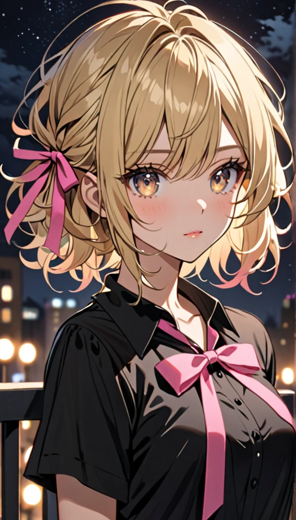Beautiful and blond, messy styled hair, pink ribbon, black shirt, night, looking fancy