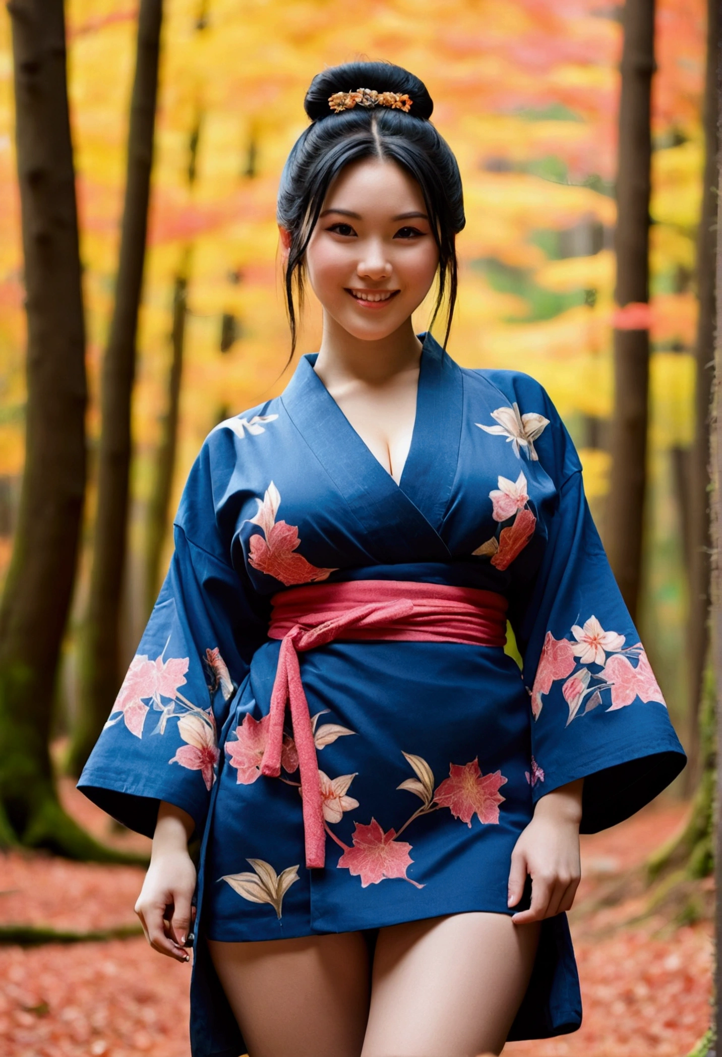 Female model,20 years old,Japanese ethnic group,thick body type,big breasts,tattooed white skin,big breasts,big ass thick thighs,facing a seductive smile,Black hair color,bun hair type,blue eye color,yukata clothing,whole body distance,dynamic angle,seductive pose action,autumn forest place,cinematic scene lighting,realism style