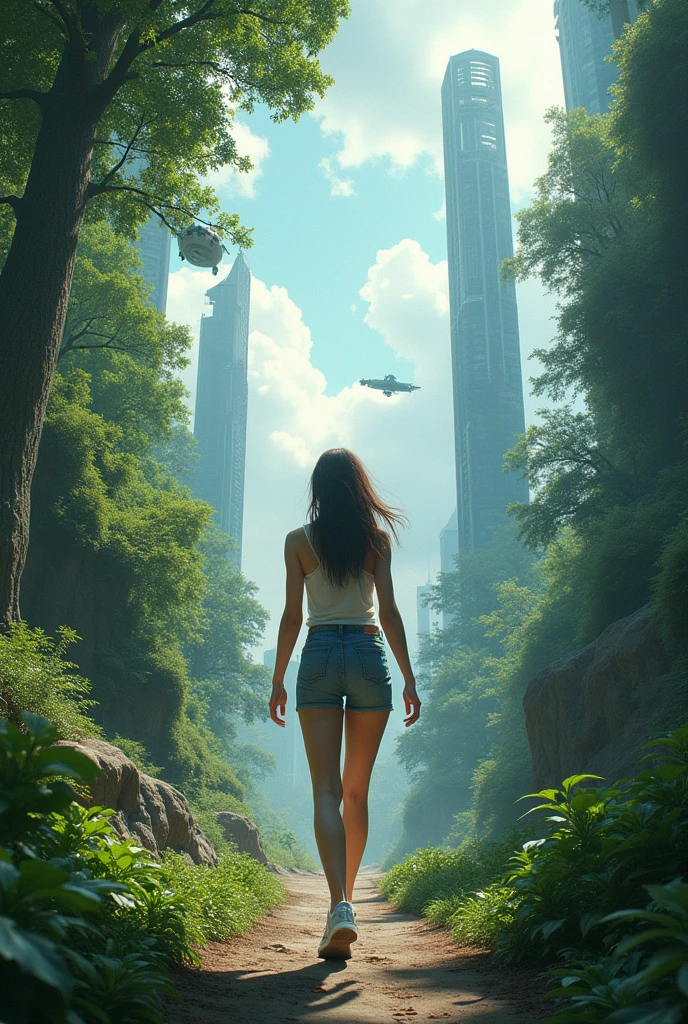 Create a virtual image of a young woman walking from left to right, divided into two sides, full of trees and another side that is technology, and the young woman who is stepping across to the other side, technology, along with changes to the future world.
