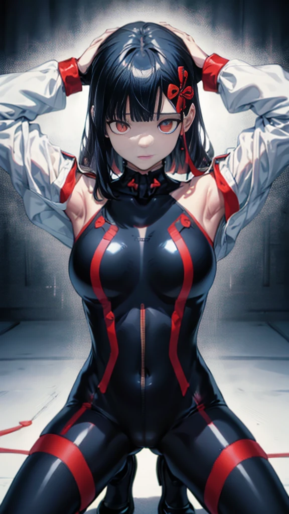 1 female, Browsing Caution, Brown Skin, Ren Yamashiro,(Demon Capital Spirit Soldier Slave), yamashiro768, clavicle, Glowing red eyes,Absurd, brainwashing,Hollow Eyes, Hollow Eyes, Huge breasts,Emotional erasure, Expressionless,(Black latex tight bodysuit),avert your eyes , 全身shape, ((Squat,Spread your legs, Put your arms behind your head)),(Highest quality、4K、8k、High resolution、Must have:1.2)、Very detailed、(reality、reality的なです、reality的な:1.37)、Ticker、Hyper HD、Studio Lighting、Ultra High Definition Paint、Sharp focus、Physically Based Rendering、Extreme Detail、Professional specifications、Vibrancy and color、Blurred、Sports portrait、landscape、Horror Style、Anime Big Tits、sf、photograph、Concept Artist、Five Fingers, Perfect body,  {{{masterpiece}}}, {{{Highest quality}}}, {{Very detailed}}, {shape}, {{Very delicate and beautiful}},Improved cost performance、All Roles、Canon 5D MK4でphotograph、photograph, 