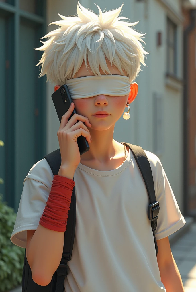 1 boy, rs old, white blindfold, short white hair, oversized tshirt, white earrings, red band on forearms, talking on phone stance.