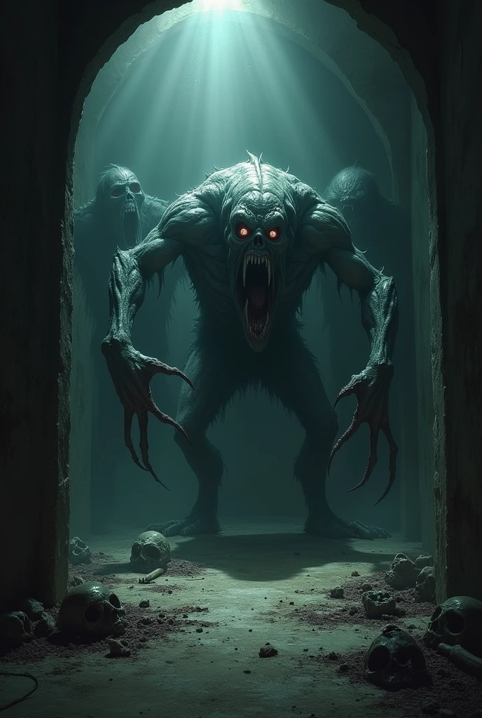 horror art, dread, Best quality, masterpiece, ultra high res, (photorealistic:1.4), Action shot of terrifying human entity chasing after the viewer, dynamic running, in a decrepit underground tunnel in Hell, creepy, unnerving, unsettling, terrifying, 80mm, horror lighting, dynamic action