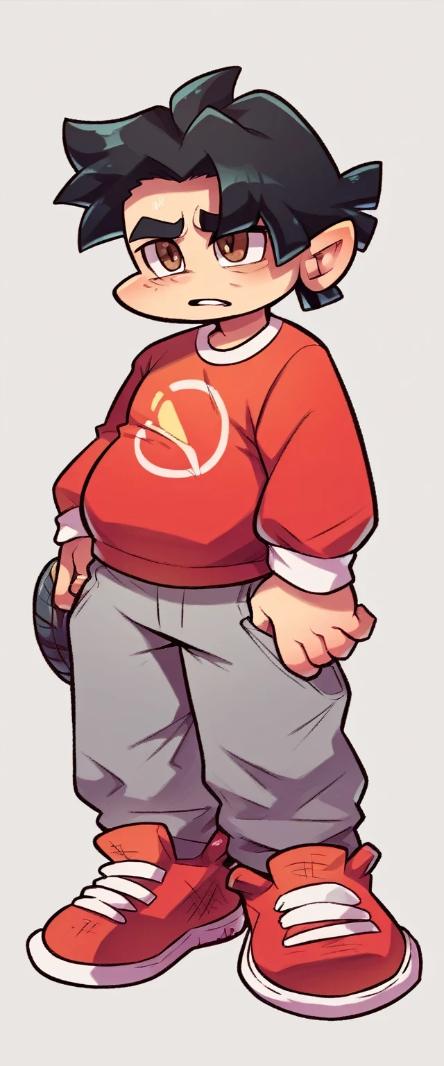 A chubby dwarf boy with shiny black hair and brown eyes wears a red shirt with long white sleeves and gray pants with red tennis shoes.