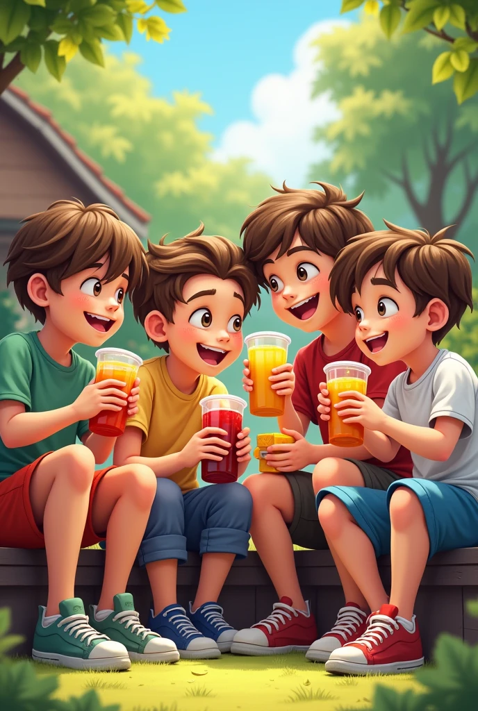 Gathering of boys drinking juice