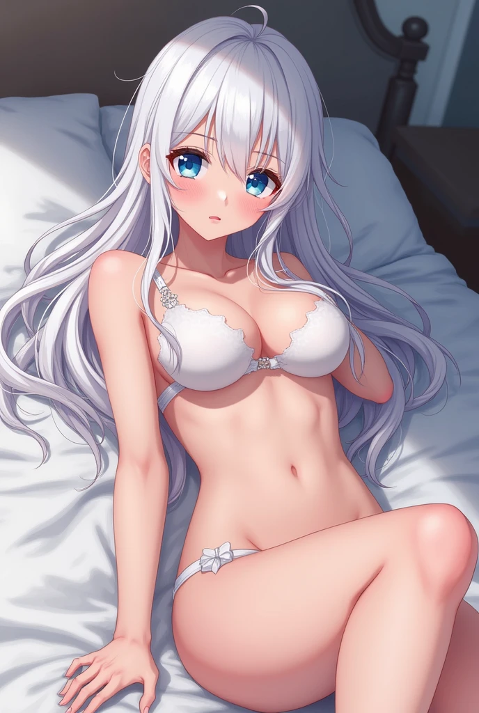 White Hair Shortcuts blue eyes 18-year-old Anime Style On the bed I'm not wearing anything M-leg spread Pussy Nipples