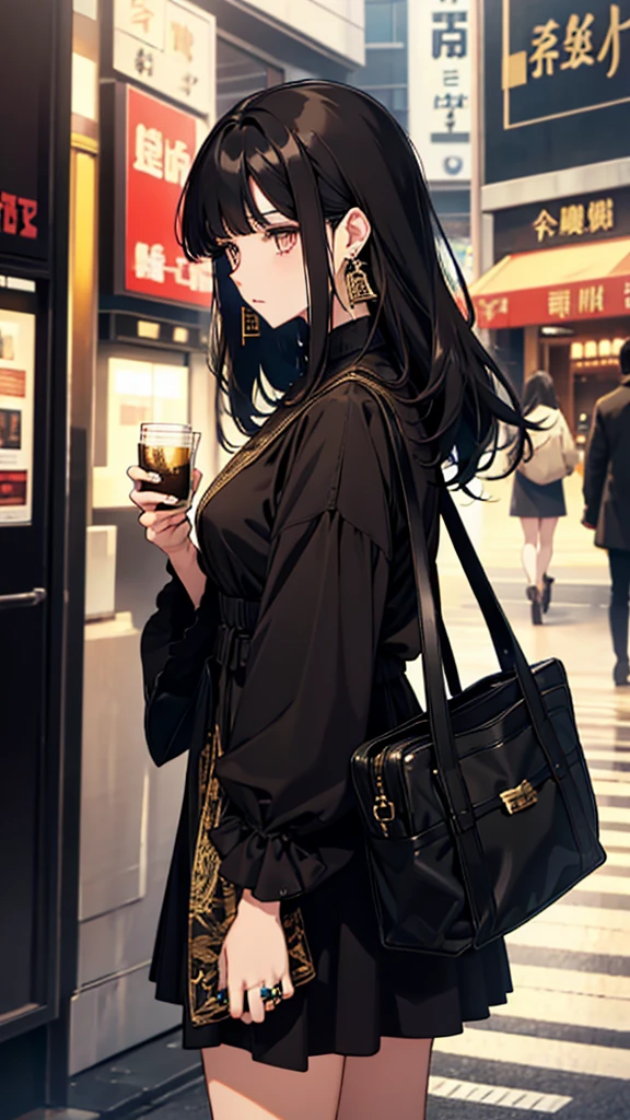 、Black medium hair、Black and gold eyes、large ring earrings、Brown long-sleeved dress、Black small bag