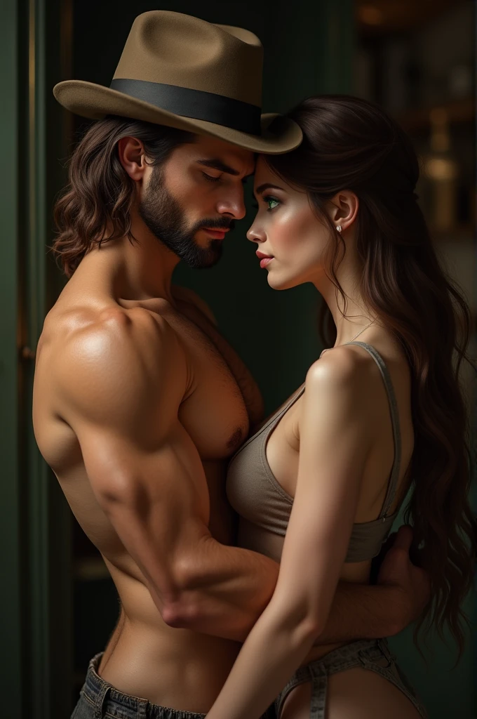 White woman with green eyes having sex with bearded man in hat