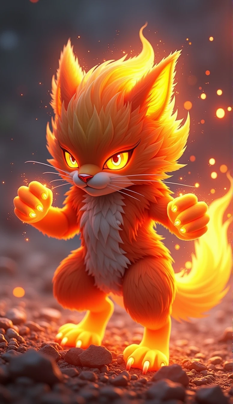 Design a full-body, fighting-ready pose for 'Ignis,' a cat-like creature embodying the fire element. The art style should reflect the vibrant, modern aesthetic of the SOLMON logo, with a focus on dynamic action and sleek, clean lines. Use a rich color palette with glowing accents to emphasize Ignis's fiery nature. The creature should have distinct, ember-like fur, with flames subtly integrated into its design. The background should feature digital sparks and cosmic elements, capturing the power and cuteness of Ignis while maintaining a visually striking, balanced composition
