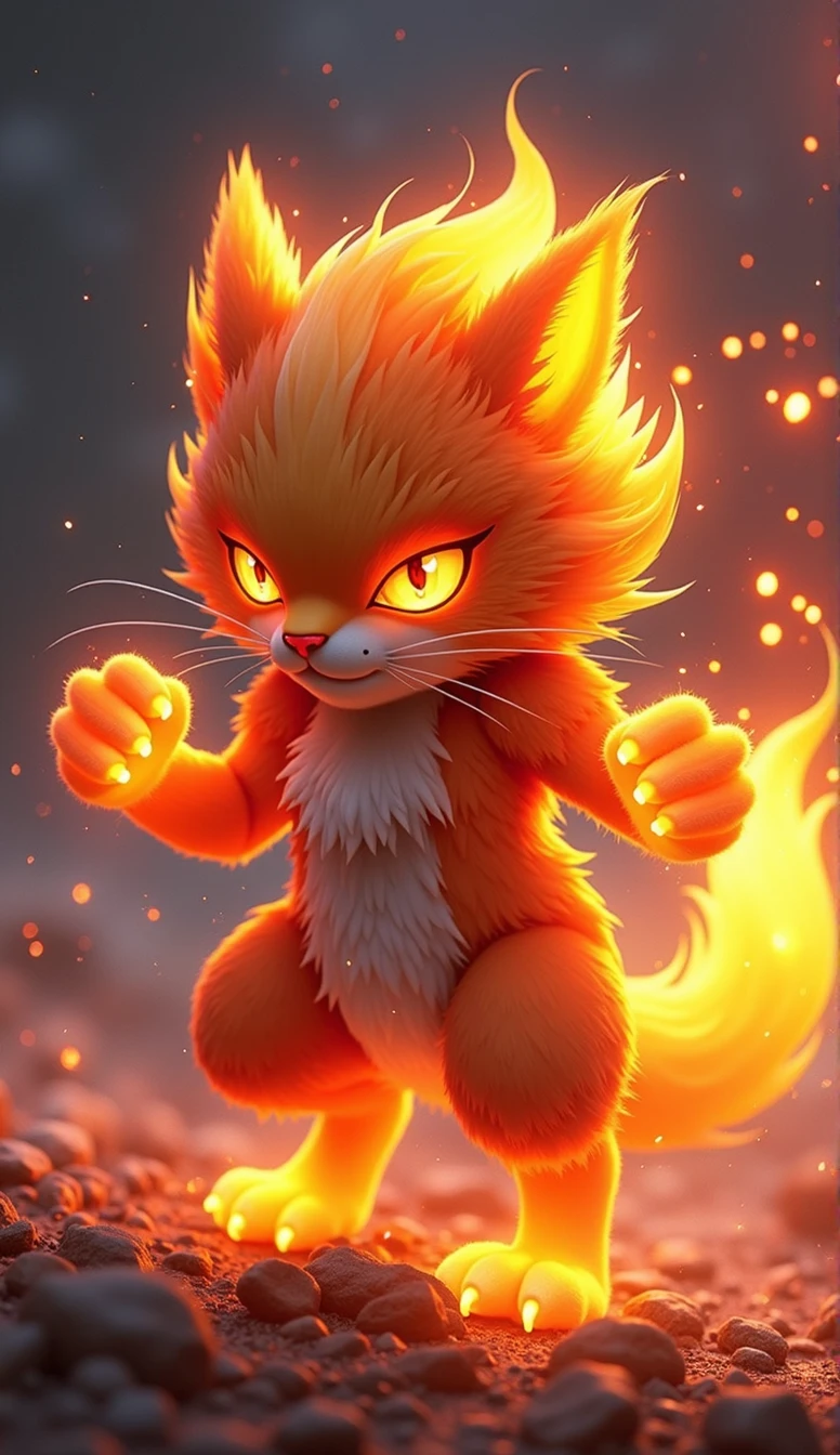 Design a full-body, fighting-ready pose for 'Ignis,' a cat-like creature embodying the fire element. The art style should reflect the vibrant, modern aesthetic of the SOLMON logo, with a focus on dynamic action and sleek, clean lines. Use a rich color palette with glowing accents to emphasize Ignis's fiery nature. The creature should have distinct, ember-like fur, with flames subtly integrated into its design. The background should feature digital sparks and cosmic elements, capturing the power and cuteness of Ignis while maintaining a visually striking, balanced composition