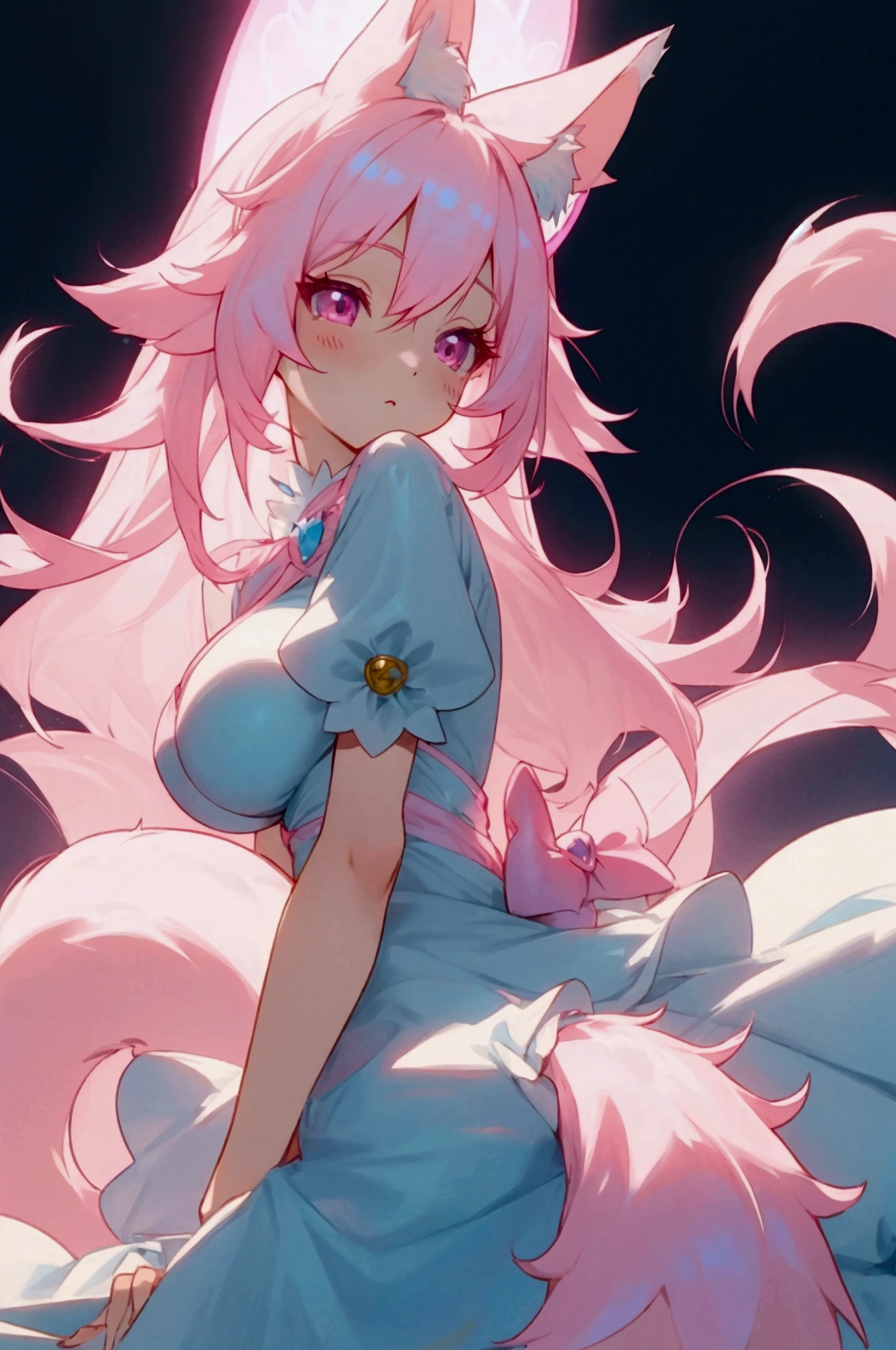 Light pink hair、Side Tail Hair、Light blue dress、Pale pink eyes、Large breasts、anime、cute、Light pink fox ears、Light pink fox tail