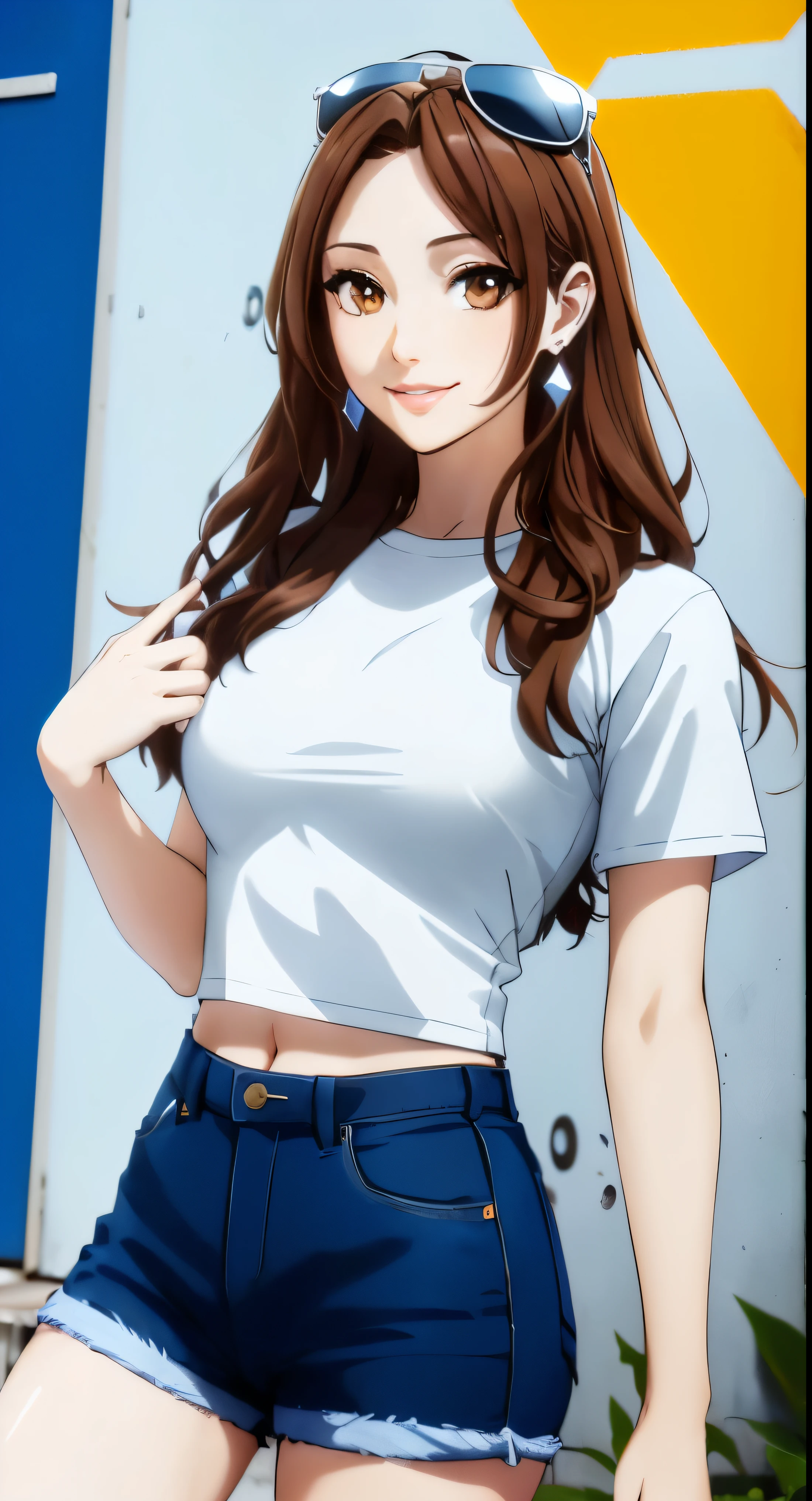 Anime Girl with sunglasses and a white shirt posing for a picture, female Anime Characters, I will also draw the fan, Anime Characters, attractive Anime Girl, Animated visual of a young woman, Anime woman, an Anime Girl, Ilya Kuvshinov（Ilya Kuvshinov）Long hair, beautiful Anime woman, Cute girl anime visual, Anime Girl, realistic young Anime Girl, Smooth anime CG art