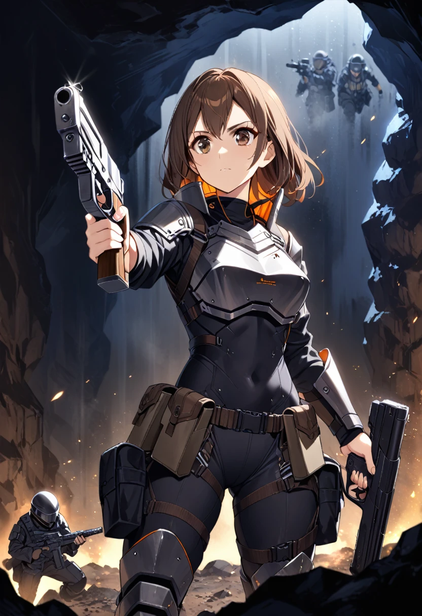 1girl, brown hair, brown eyes military armour and military helmet gray fully clothed, guns with straps, gray background dust deep inside dark cave, nighttime, arm giving gun ammo to her