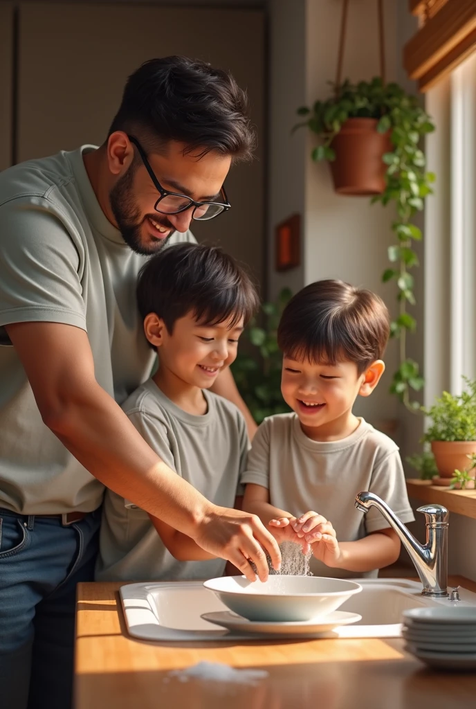 30 year old dad with glasses washing dishes with his son
