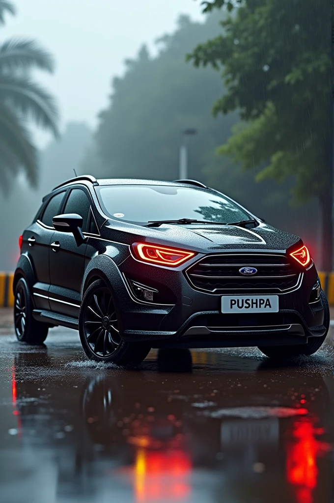 Whole black 2018 ecosport with diamond cut black alloy with red headlight with number plate named PUSHPA and Black MAHINDRA SCORPIO S11 WITH RED HEADLIGHT AND WITH CUSTOM ALLOY WHEELS WITH NUMBER PLATE NAMED NISHIL FACING TOWARDS US ON A RAINY ROAD