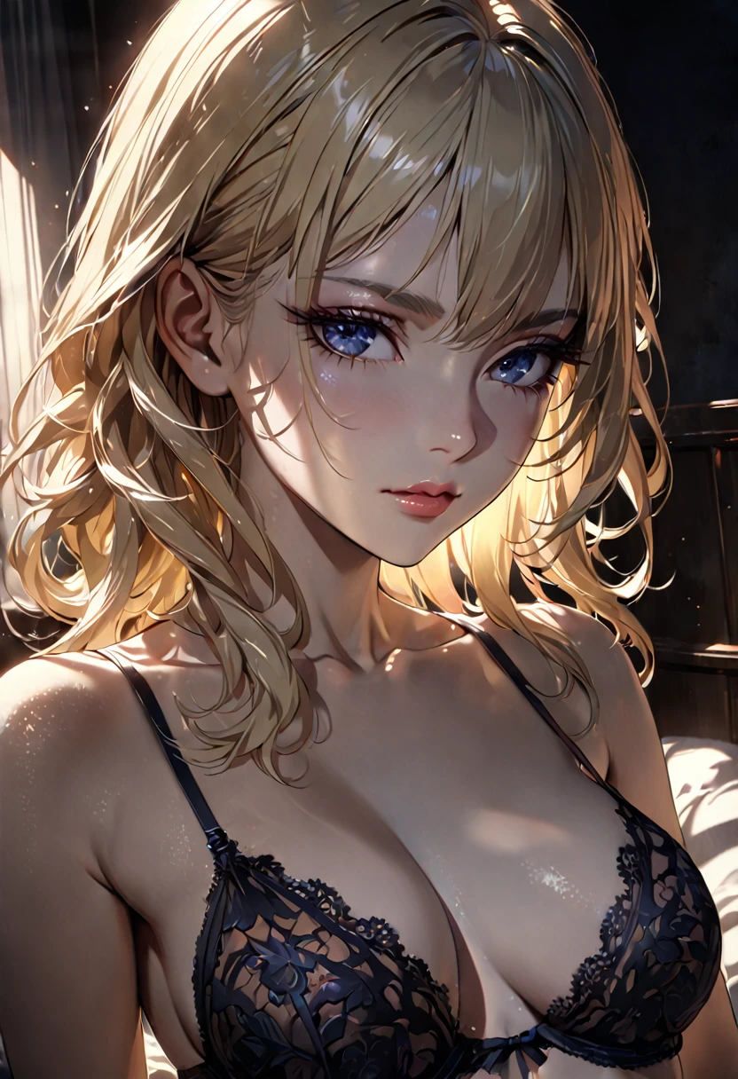 a beautiful blonde woman in a sexy lingerie, anime, in dark bedroom, extremely detailed face and eyes, long eyelashes, delicate facial features, seductive expression, chiaroscuro lighting, dramatic contrasting shadows, moody atmosphere, intricate details, high quality, hyper realistic, 8k, seamless, photorealistic