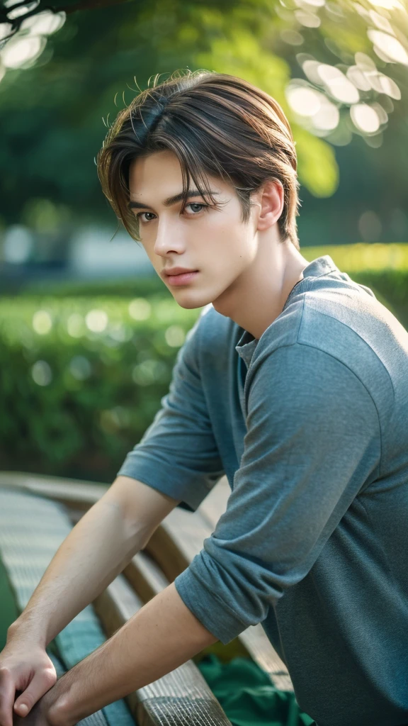 a handsome boy, detailed facial features, mesmerizing eyes, beautiful lips, long eyelashes, young attractive male, shoulder-length hair, focused expression, listening to music, wearing casual clothes, sitting on a bench, peaceful park setting, lush greenery, dappled sunlight, cinematic lighting, muted color palette, dreamlike atmosphere, (best quality,4k,8k,highres,masterpiece:1.2),ultra-detailed,(realistic,photorealistic,photo-realistic:1.37),cinematic,portrait
