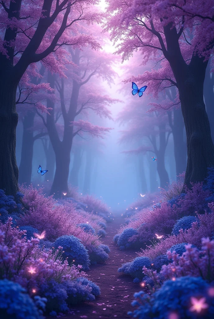 Blue forest background, which is all in purple soft tones, slightly dark. (excellent quality) (best quality) (realism) many purple flowers and beautiful light with blue tint. a little dark. many many flowers with purple and blue flowers flowers everywhere. More realism, a lot of realism more flowers, flowers everywhere. Trees are blooming beautifully. lots and lots of realism. beautiful trees, a little dark outside. also fireflies with a blue tint. most of all, many flowers, roses, spider lily. Beautiful forest, slightly light shade also very beautiful butterflies in the background