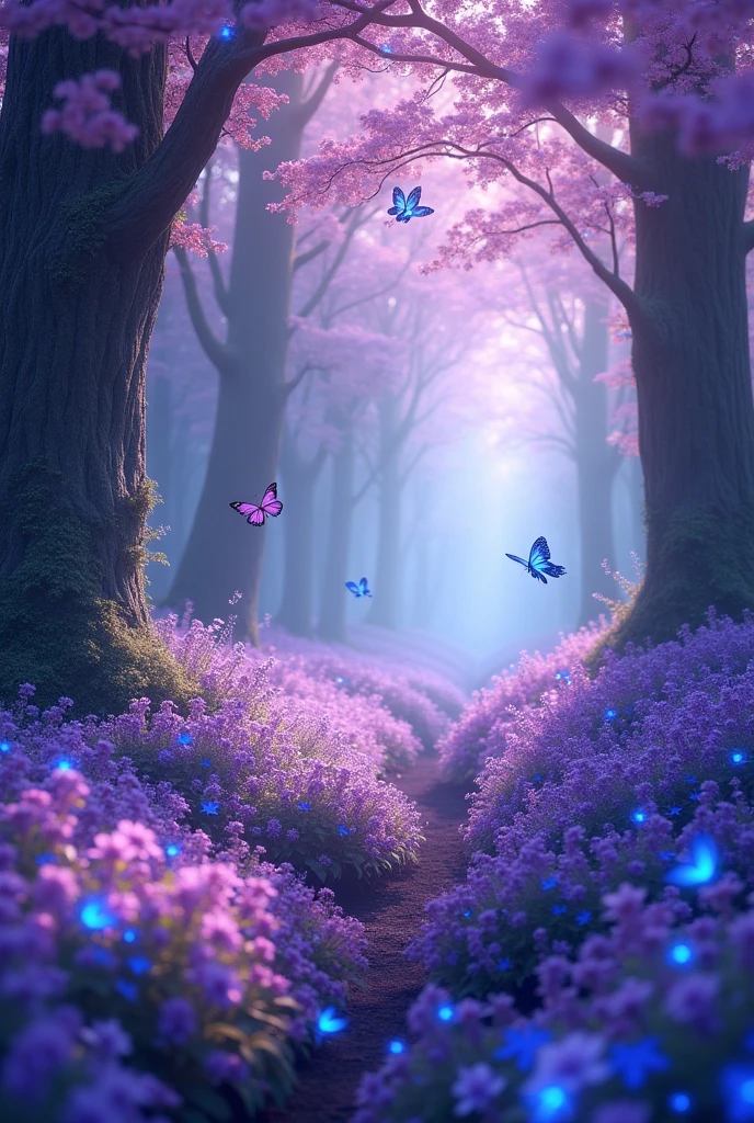 Blue forest background, which is all in purple soft tones, slightly dark. (excellent quality) (best quality) (realism) many purple flowers and beautiful light with blue tint. a little dark. many many flowers with purple and blue flowers  flowers everywhere. More realism, a lot of realism more flowers, flowers everywhere. Trees are blooming beautifully. lots and lots of realism. beautiful trees, a little dark outside. also fireflies with a blue tint. most of all, many flowers, roses, spider lily. Beautiful forest, slightly light shade also very beautiful butterflies in the background 