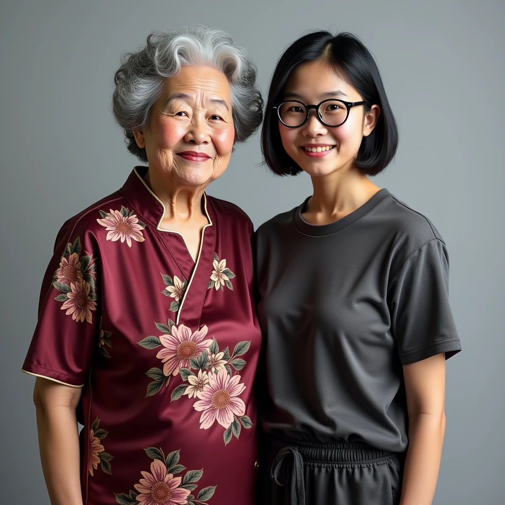 photorealisic portrait taken at studio, family photo shows a grandma of 50-yo, together with her granddaughter of age 19, asian female, they are having different figures: "the grandma has round face with wrinkles, nice  smile, grey short curly hair, wearing traditional burgundy-red floral pattern grandma dress"; "the young lady granddaughter is age of 19, is a post- , wears school sport track suit & t-shirt casual wear, one length black hair, wear black-framed glasses", in flat grey background  