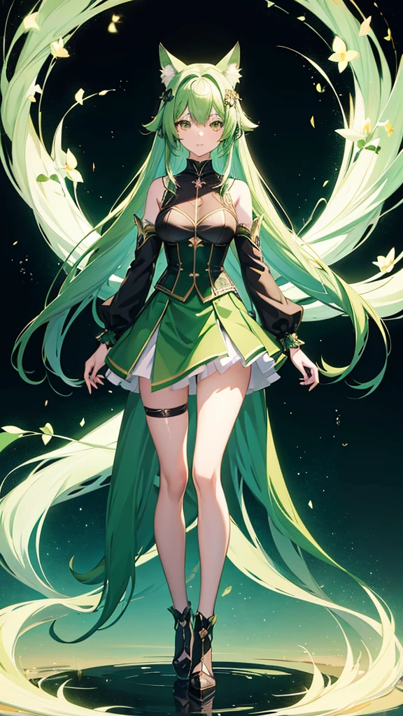 Anime girl with green hair and green skirt standing in front of black background, Digital Green Fox, White fox, Ethereal Fox, Popular on artstation pixiv, Full body fairy, Beautiful fox lady, Digital Art on Pixiv, Cute anime girl in a beautiful skirt, Beautiful fantasy anime, Anime fantasy illustration, Green flowing hair